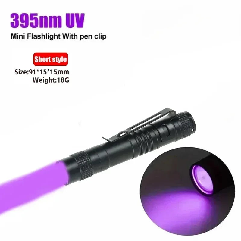 395nm UV Flashlight Ultraviolet Torch With Pen Clip Portable Violet Light Pet Urine Scorpion Detector UV Lamp Use AAA Batteries