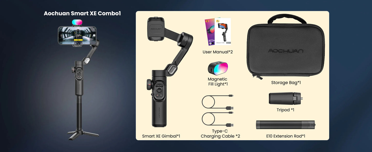 AOCHUAN Smart XE Combo Phone Gimbal Stabilizer with Extension Rod 3-Axis Phone Gimbal Stabilizer For iphone and Android phone