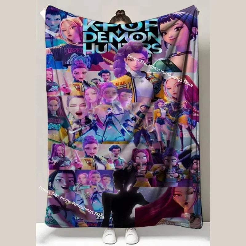 Kpop Demon Hunters Flannel Throw Blanket with Funny Patterns for Nap Office Air Conditioning and Leg Coverage