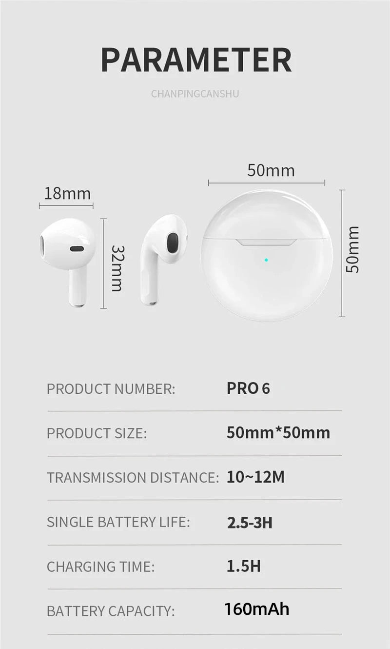 PRO 6 Wireless Bluetooth Headset 5.3 Bluetooth Protocol Earplug Type Strong Endurance Gaming Competitive Headphones TWS Running