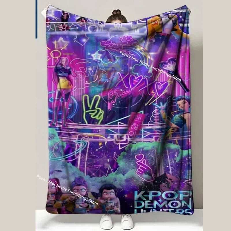 Kpop Demon Hunters Flannel Throw Blanket with Funny Patterns for Nap Office Air Conditioning and Leg Coverage
