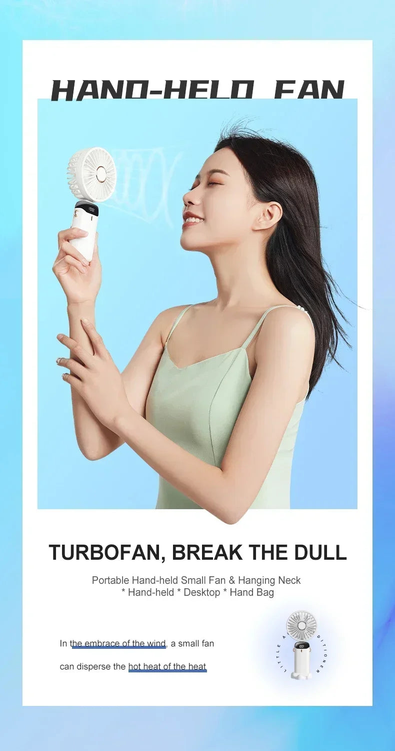 Foldable USB handheld fan -5-speed rechargeable mini fan, can be used as a phone holder and display screen