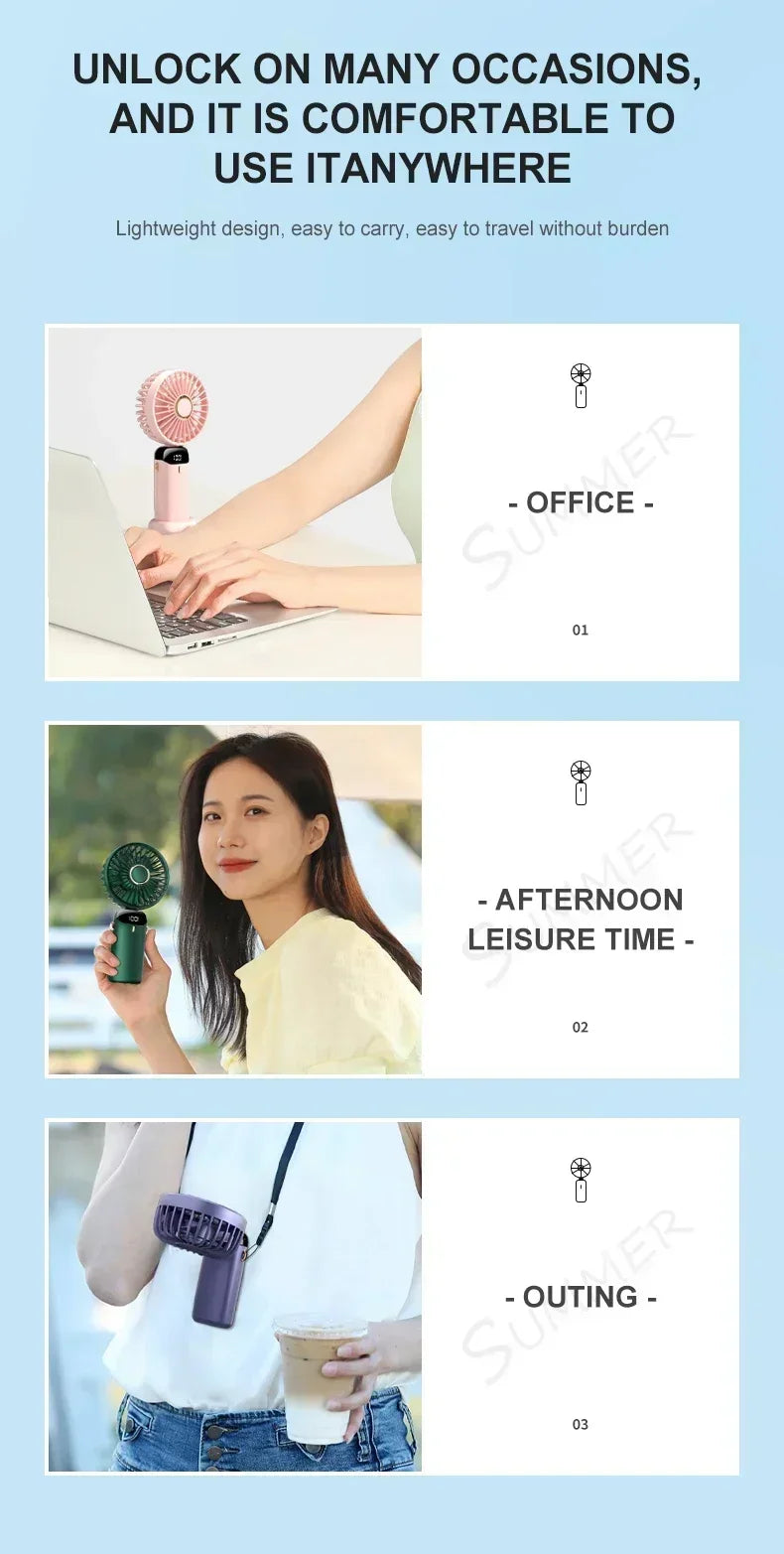 Foldable USB handheld fan -5-speed rechargeable mini fan, can be used as a phone holder and display screen