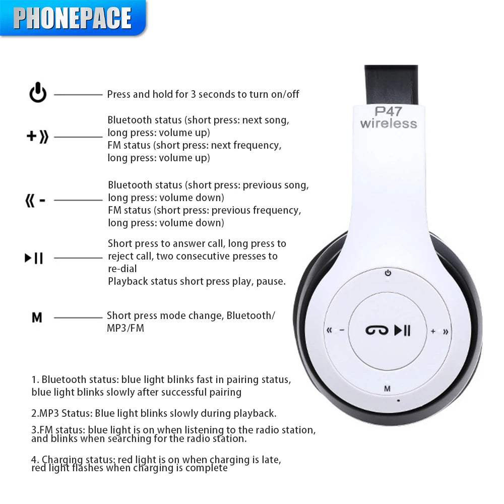Stereo P47 Headset 5.0 Bluetooth Headset Folding Series Wireless Sports Game Headset for iPhone XiaoMi