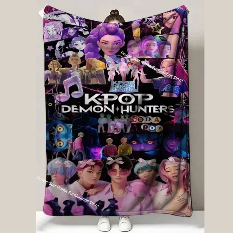 Kpop Demon Hunters Flannel Throw Blanket with Funny Patterns for Nap Office Air Conditioning and Leg Coverage