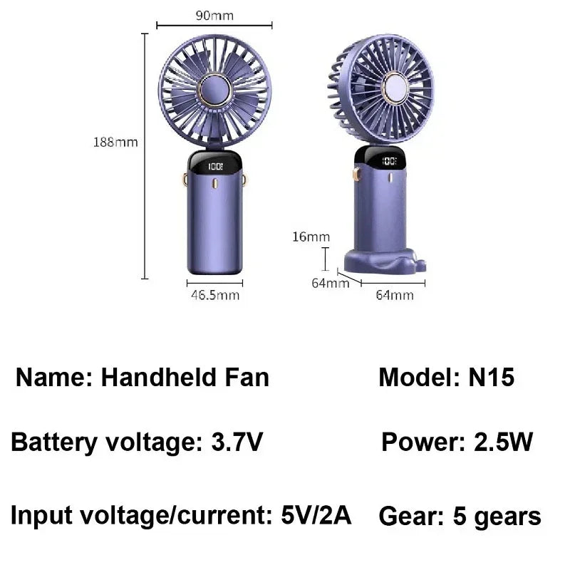 Foldable USB handheld fan -5-speed rechargeable mini fan, can be used as a phone holder and display screen