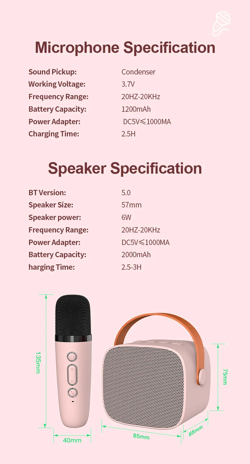 Mini Karaoke Machine for Kids Portable Speaker With 1-2 Wireless Microphone for Home KTV Birthday Party Holiday Gifts