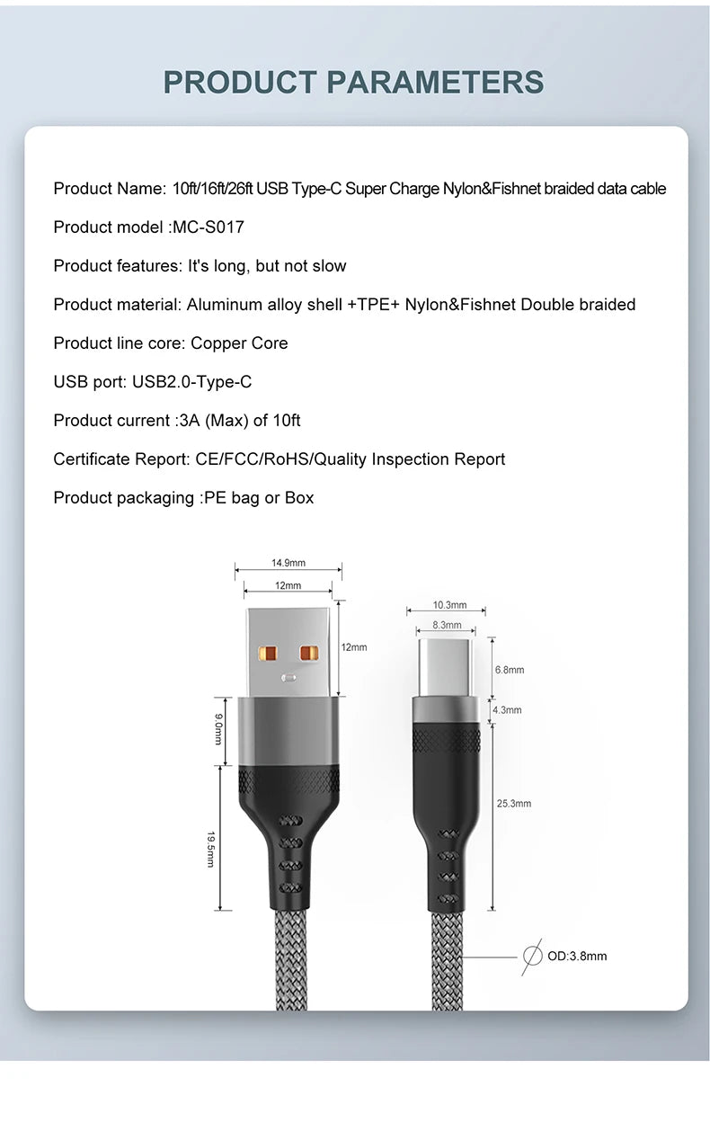 USB TYPE C Fast Charge Cable LIGHTNING 3m 5 Meters USB C Android Micro USB Extend Charging Cable for iPhone 14 Xiaomi OnePlus