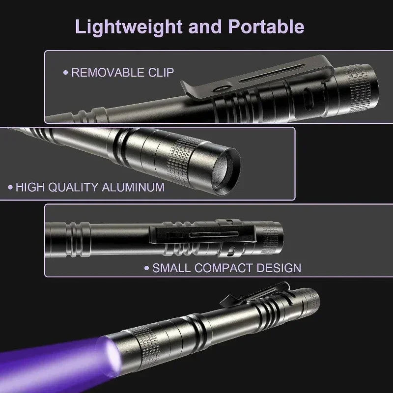 395nm UV Flashlight Ultraviolet Torch With Pen Clip Portable Violet Light Pet Urine Scorpion Detector UV Lamp Use AAA Batteries