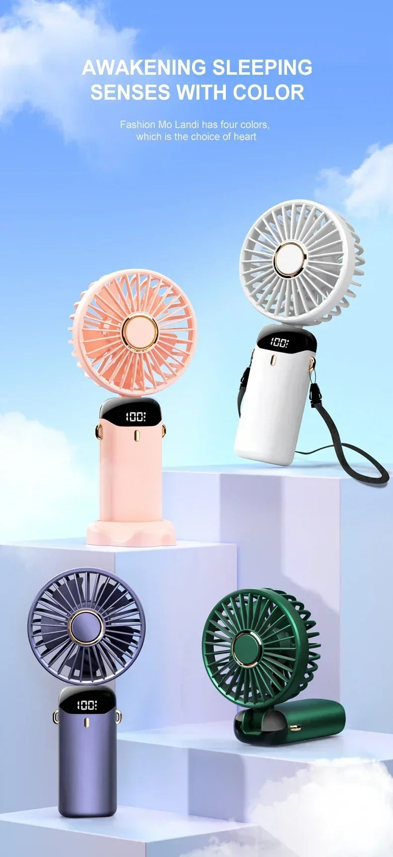 Foldable USB handheld fan -5-speed rechargeable mini fan, can be used as a phone holder and display screen