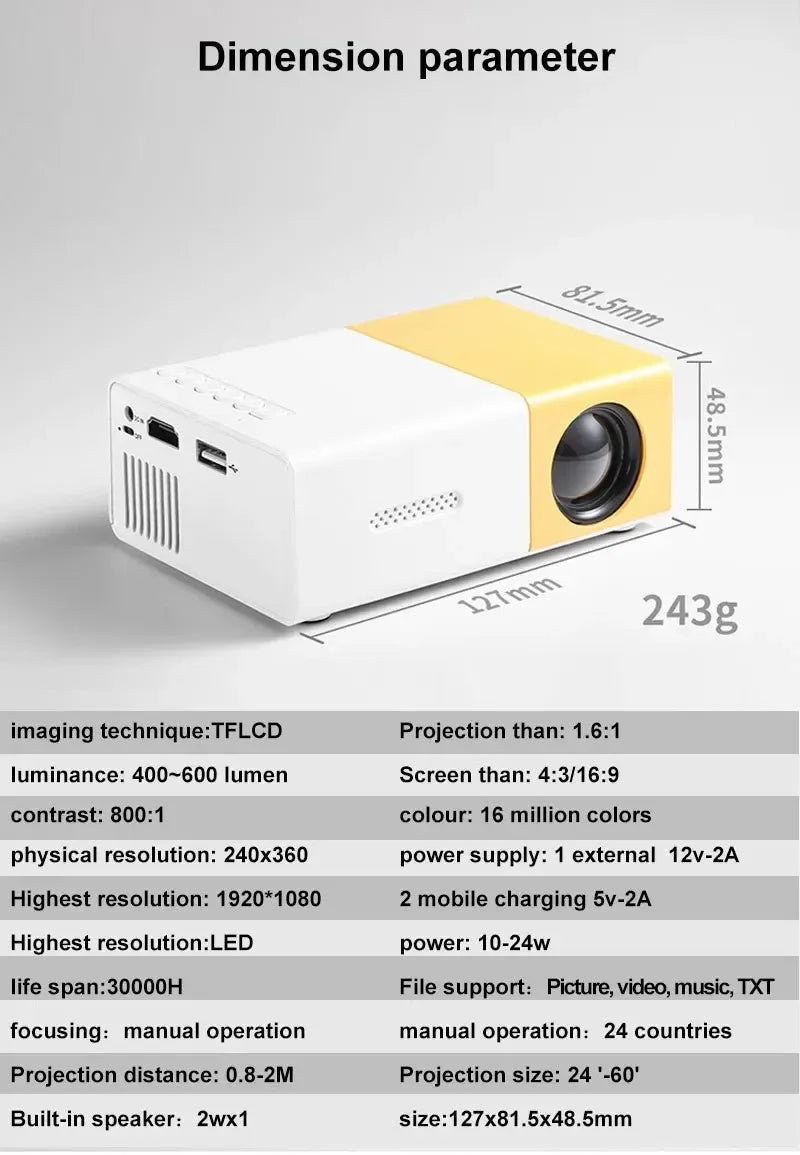 YG300 LED Outdoor Mini HD 1080P Mobile Projector YG300 USB Children's Projector Ultra-clear Mini Portable Mini Projector