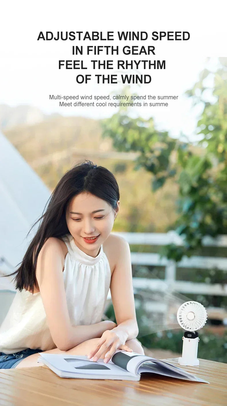 Foldable USB handheld fan -5-speed rechargeable mini fan, can be used as a phone holder and display screen